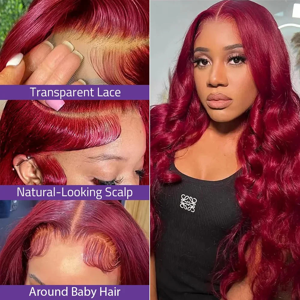 Red wig with transparent lace, natural-looking scalp, and around baby hair features. Body Wave Human Hair Wig 13x4 Lace Front Brazilian, 200% - 220% - Super Thick and Full with a swiss lace front.