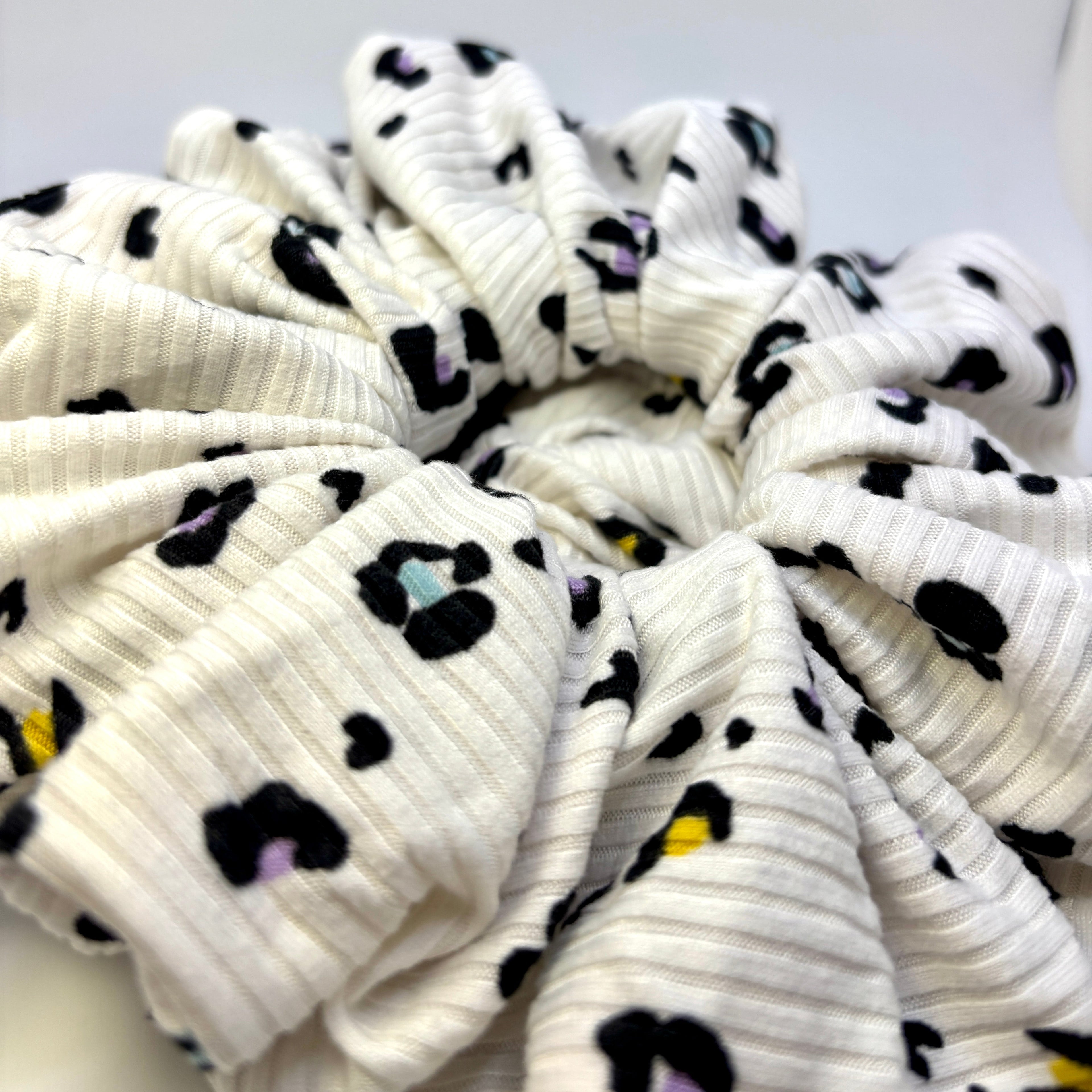 White Colorful Cheetah Ribbed Scrunchie