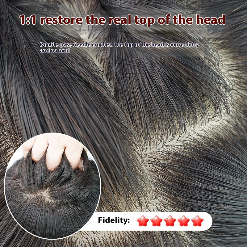 Close-up of human hair extensions with a focus on the top of the head, showing texture and density. Women's Hand Woven Double Delivery Needle Wig with Bangs Sheath Real Human Hair Silk Sleeve High Quality Handmade wig.