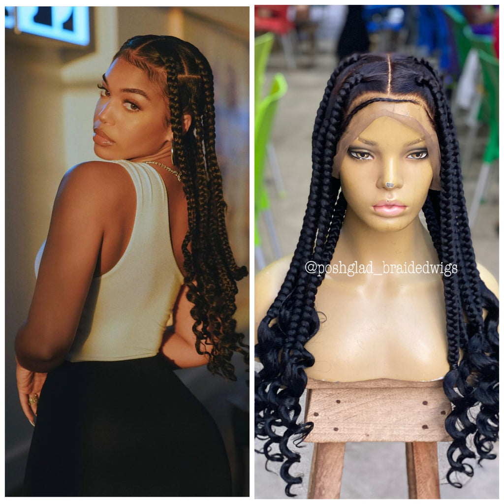 Side-by-side comparison of a person with long braided hair and a mannequin head with braided hair extensions. jumbo knotless braid wig, knotless braid wig, jumbo braid wig, braided wig, full lace braided wig, swiss lace wig, swiss full lace wig, glueless braided wig, glueless wig, human hair braided wig, 100% human hair wig, knotless braids, jumbo knotless braids, scalp looking wig, natural scalp wig, lace braid wig, handmade braided wig, handcrafted wig, black braided wig, color 1B wig, 1B braided wig