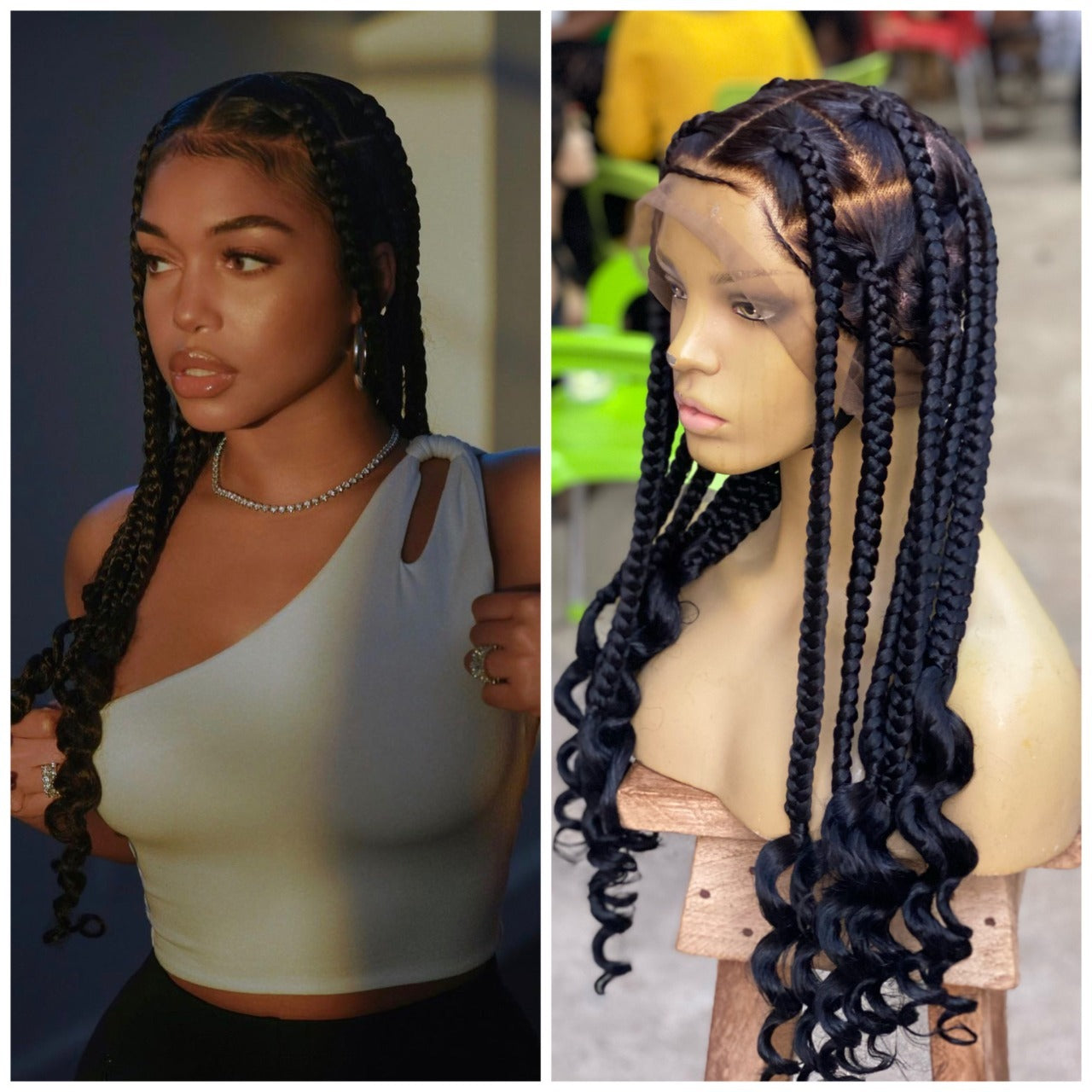 Side-by-side comparison of a person with braided hair and a mannequin head with braided hair. jumbo knotless braid wig, knotless braid wig, jumbo braid wig, braided wig, full lace braided wig, swiss lace wig, swiss full lace wig, glueless braided wig, glueless wig, human hair braided wig, 100% human hair wig, knotless braids, jumbo knotless braids, scalp looking wig, natural scalp wig, lace braid wig, handmade braided wig, handcrafted wig, black braided wig, color 1B wig, 1B braided wig, long braided wig