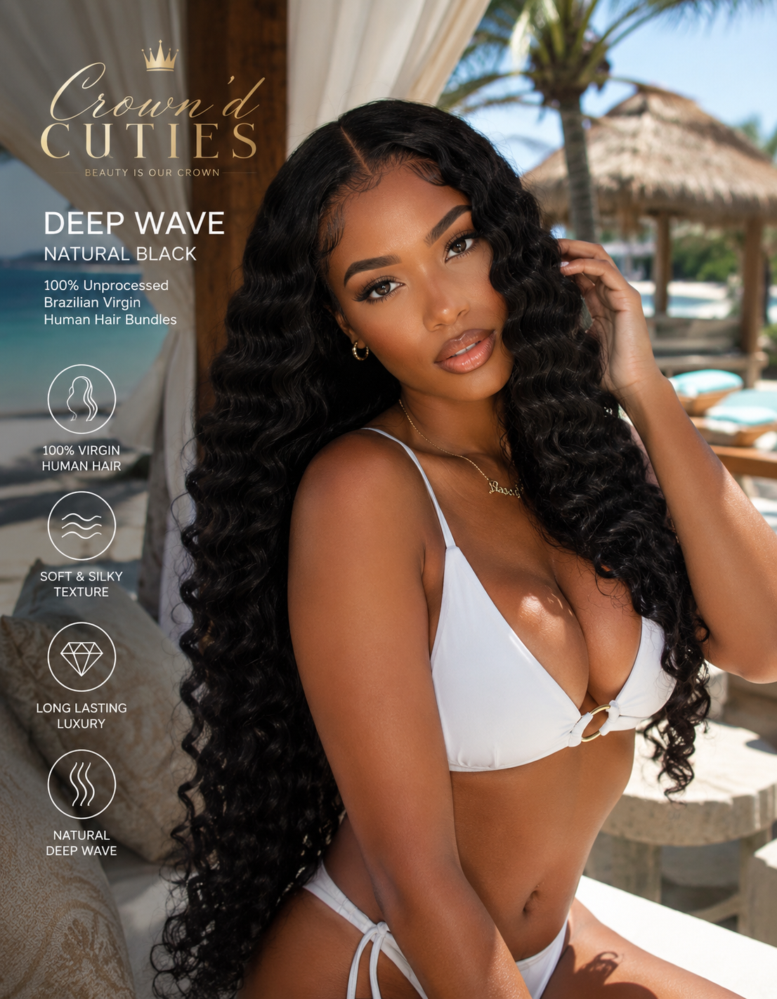 Woman with long, styled hair sitting outdoors, promotional image for 'Crown'd Cuties' hair products.
