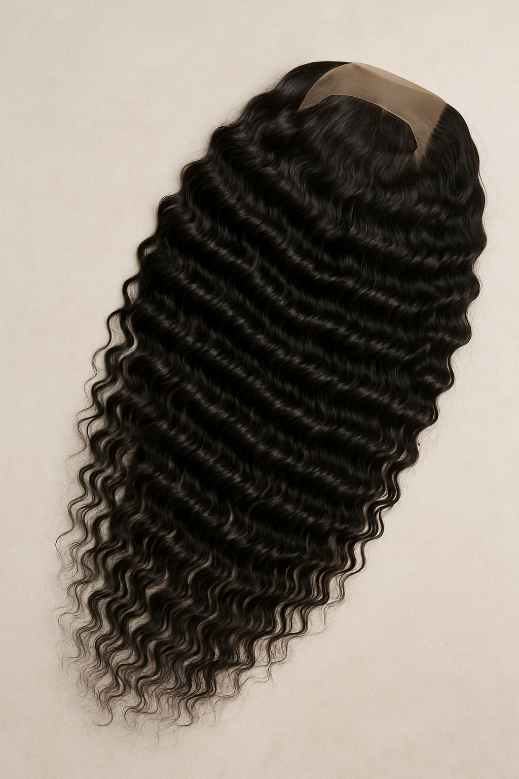 Curly hair extension on a beige background. deep wave wig, deep wave lace front wig, deep wave human hair wig, deep wave lace wig, deep curly wig, curly lace front wig, curly human hair wig, curly wig, natural black wig, black human hair wig, black lace front wig, black lace wig, black wig, lace front wig, lace front human hair wig, human hair wig, 100% human hair wig, glueless wig, glueless lace front wig, glueless human hair wig, ready to wear wig, beginner friendly wig, beginner lace wig, wear and go wig