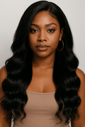 Woman with long, wavy black hair wearing a beige top against a plain background loose wave wig, loose wave lace front wig, lace front wig, human hair wig, 100% human hair wig, natural black wig, black lace front wig, wavy human hair wig, long human hair wig, glueless wig, glueless lace front wig, natural hairline wig, luxury wig, premium wig, loose body wave wig, soft wave wig, full volume wig, lightweight wig, heat safe wig, heat styling wig, everyday wig, glam wig, women's wig, date night wig, special