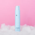 beaut. Mint Whitening Toothpaste in pastel blue pump bottle on soft pink background with white fluffy clouds, non-toxic refreshing mint oral care, 60g 2.1 oz