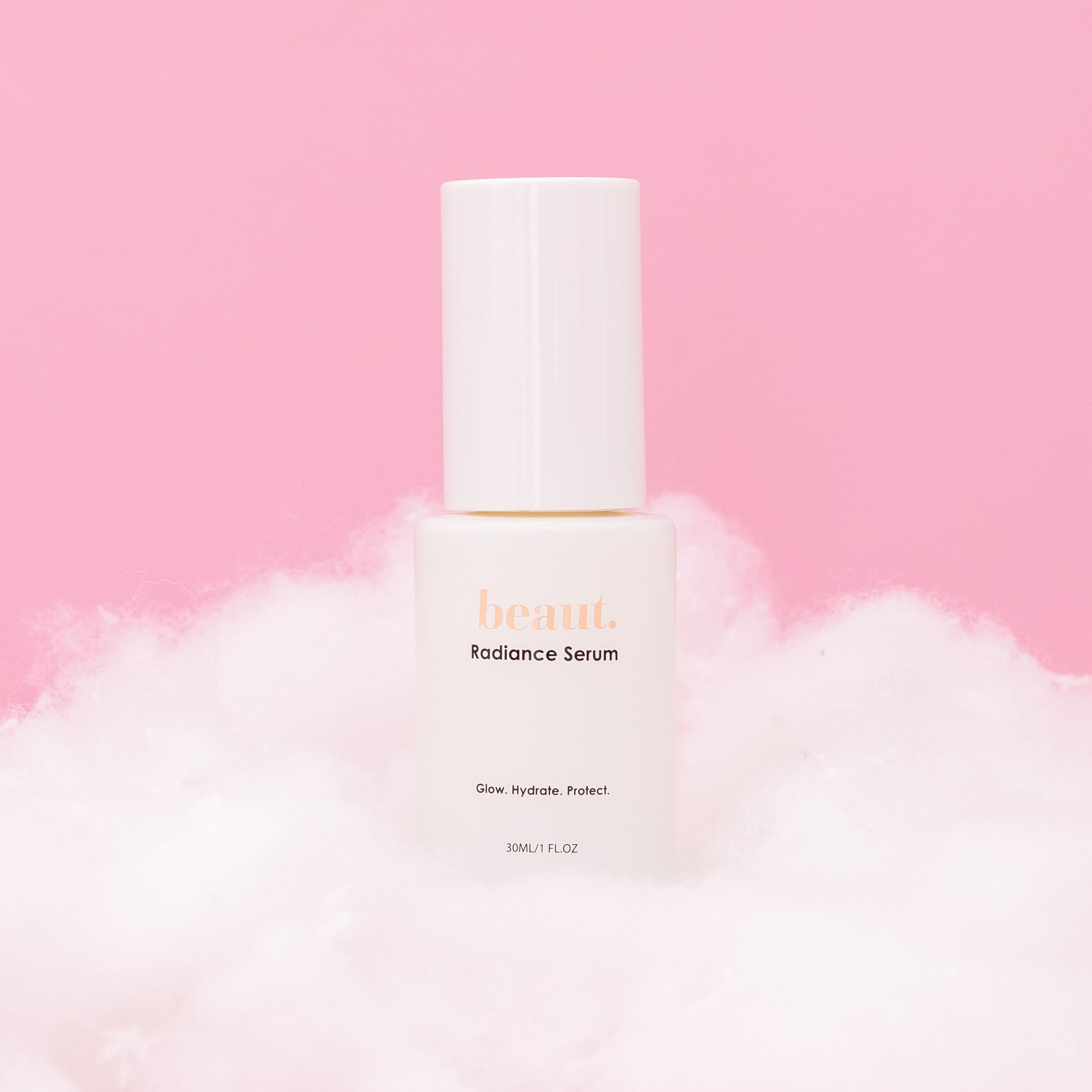 Beaut Radiance Serum hydrating facial skincare serum for glowing radiant skin, lightweight face serum bottle on soft pink cloud background