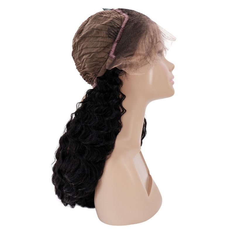 Mannequin head with a black curly wig and brown net cap on a white background Deep Wave 13x4 Transparent Lace Front 100% Human Hair Wig