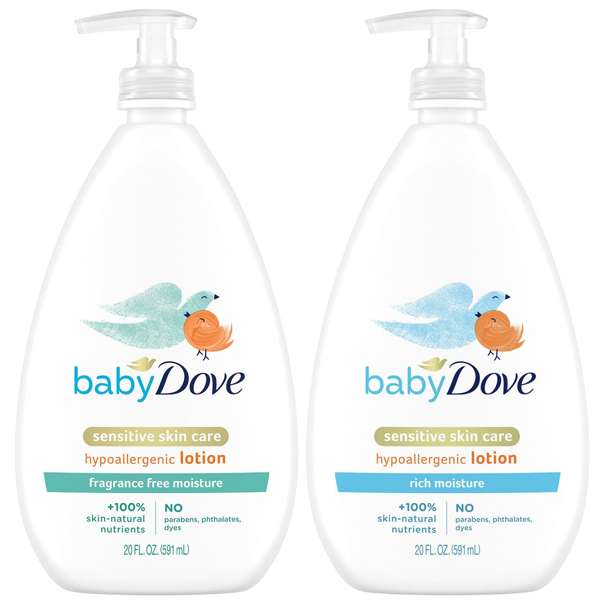 Two bottles of baby Dove sensitive skin care lotion on a white background