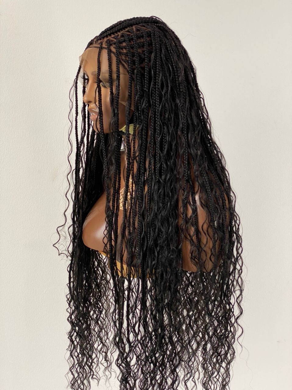Crush Bohemian Cornrow Braided Wig, Swiss Full Lace, Black Color, Waist Length, Standard Density.