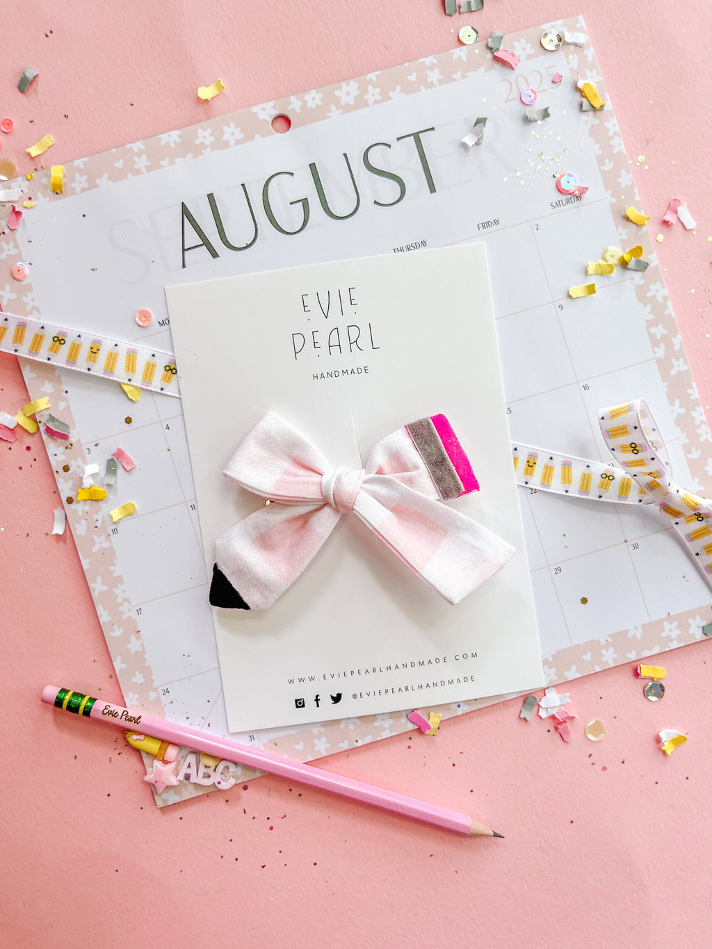 Pink Gingham Pencil Medium Hair Bow