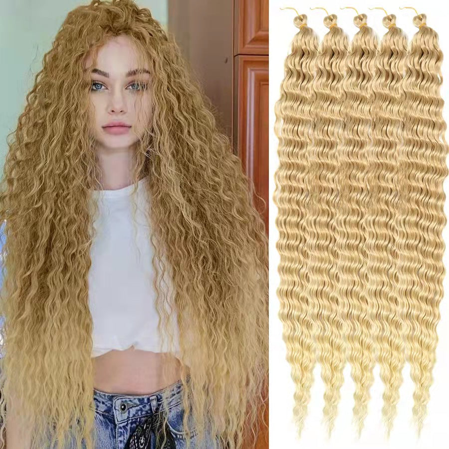 Long blonde curly synthetic hair extensions with deep wave texture, Russian-style chemical fiber hair for women