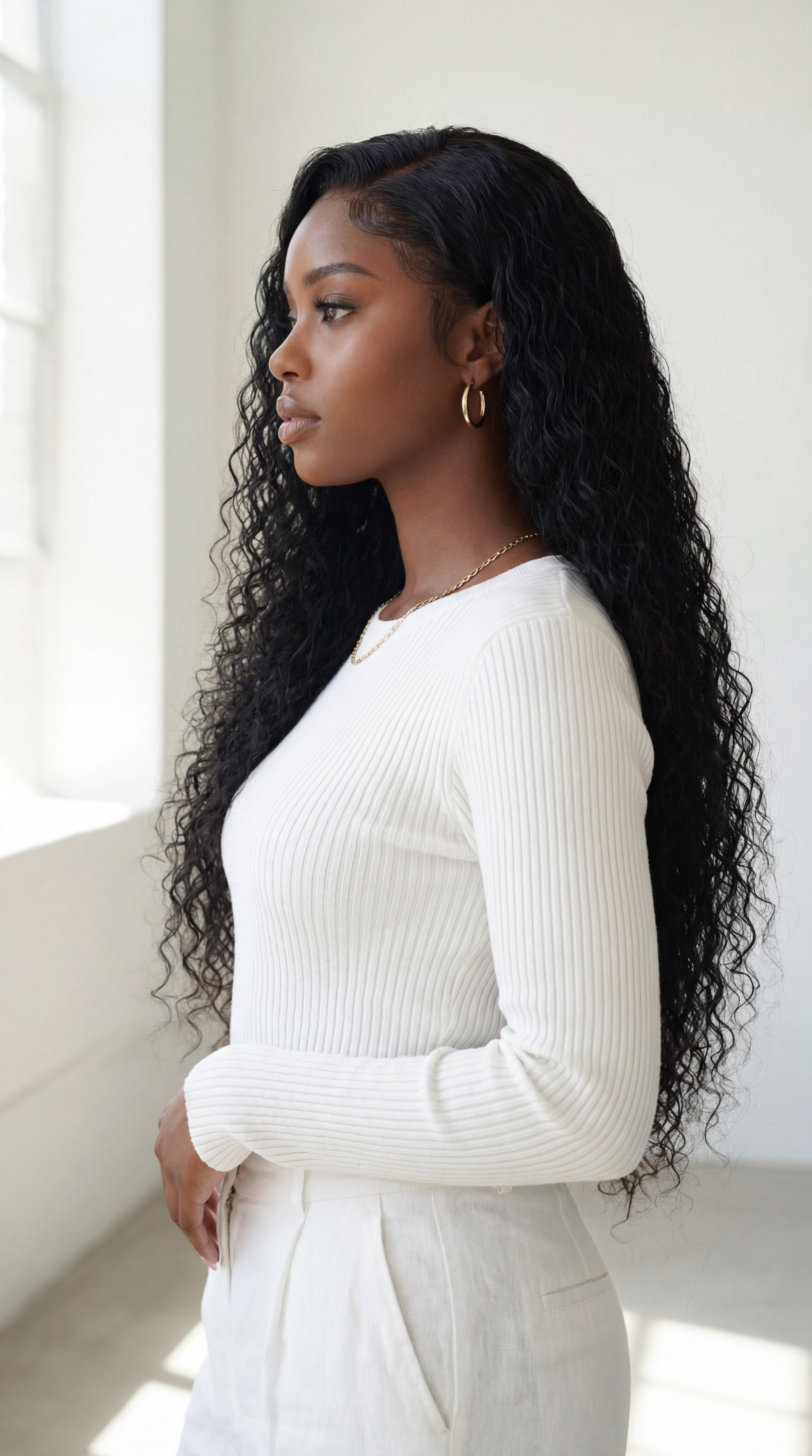 Woman with long, wavy hair wearing a white sweater and pants in a bright room. Exotic Curl Virgin Hair - 100% Virgin Human Hair – Bold, voluminous, and full of life HD Glueless Lace WIg
