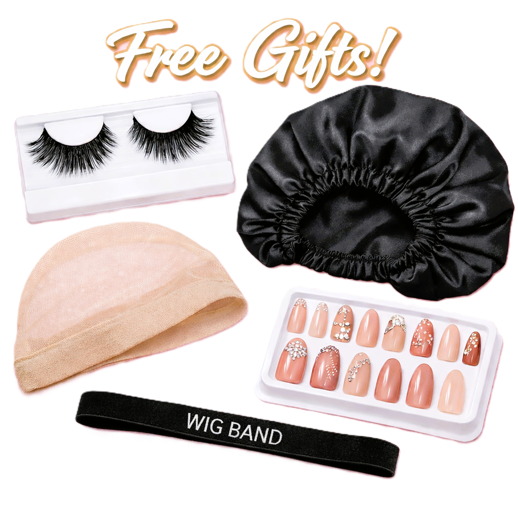 Free gifts with Thai Luxury Hair purchase featuring false eyelashes, black satin bonnet, nude wig cap, black wig band and nude press-on nail set