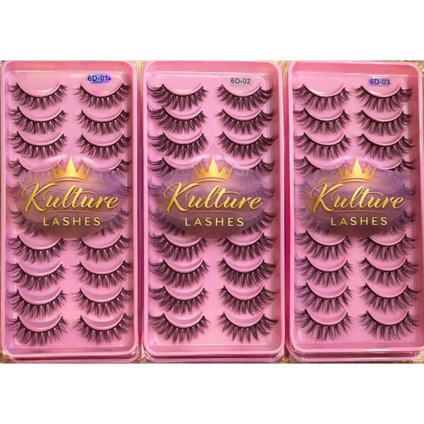 Kulture Lashes 3D mink style false eyelashes multipack in pink packaging, dramatic wispy fluffy reusable lashes, styles 6D-01, 6D-02 and 6D-03 for glam eye makeup and beauty looks