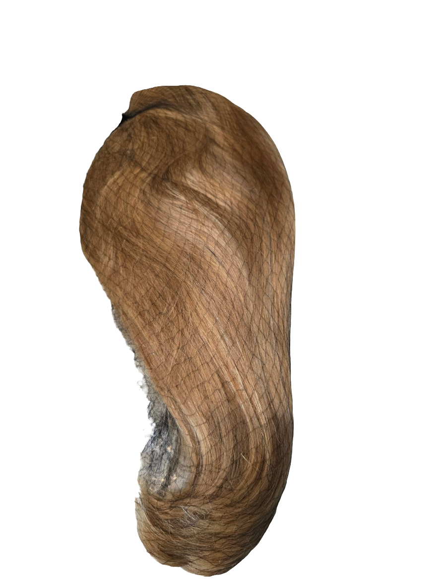 Brown hair extension on a white background. honey blonde wig, blonde bob wig, honey blonde lace front wig, straight bob wig, human hair bob wig, 100% human hair wig, glueless wig, glueless lace front wig, lace front bob wig, blonde human hair wig, natural hairline wig, HD lace wig, realistic lace front wig, natural looking wig, silky straight wig, sleek bob wig, short blonde wig, short human hair wig, ready to wear wig, beginner friendly wig, beginner lace wig, wear and go wig, heat safe wig, heat styling