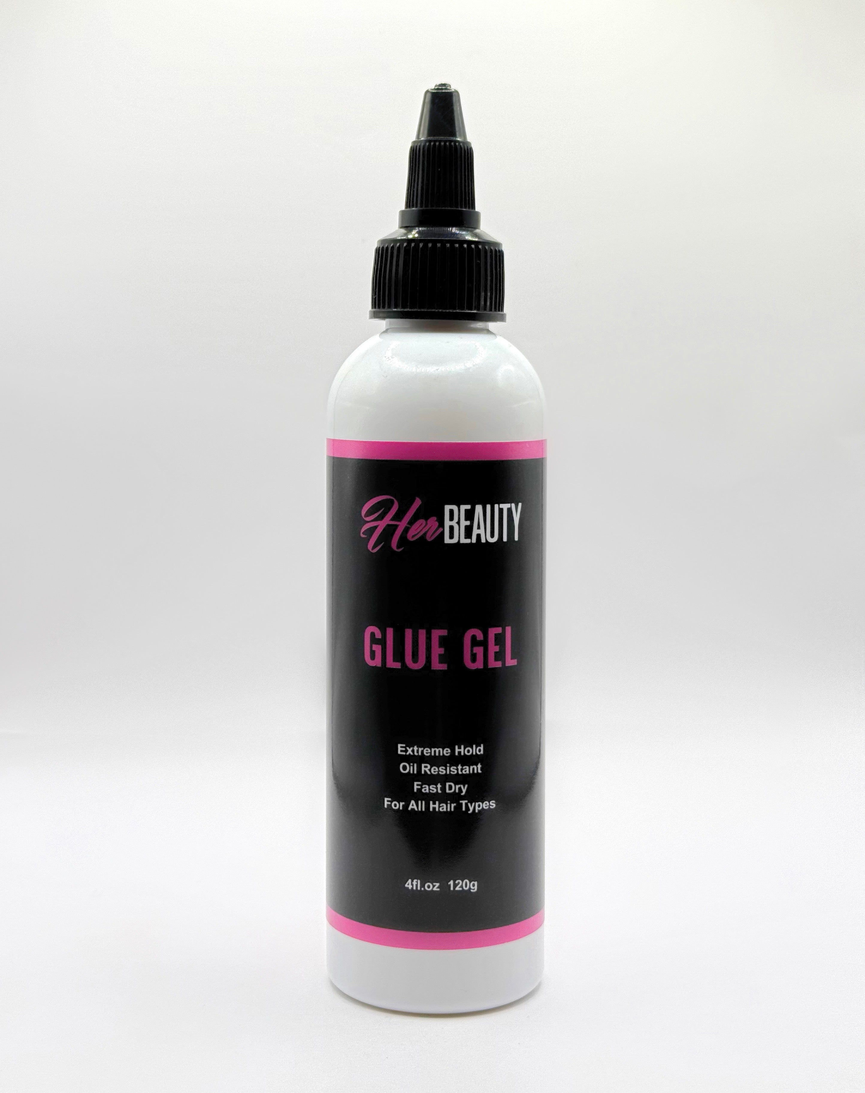 Her Beauty Hair Glue Gel Extreme Hold Oil Resistant Fast Dry Clear Lace Wig Adhesive Gel for Lace Front Wigs, Hair Extensions & Wig Install, All Hair Types, 4 oz Bottle on White Background