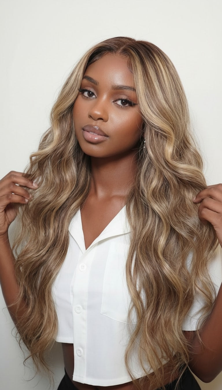 Woman with long, wavy, blonde hair wearing a white shirt against a plain background Honey Blonde Balayage Wave Wig 100% Virgin Human Hair – 22" Soft waves with sun-kissed dimension.