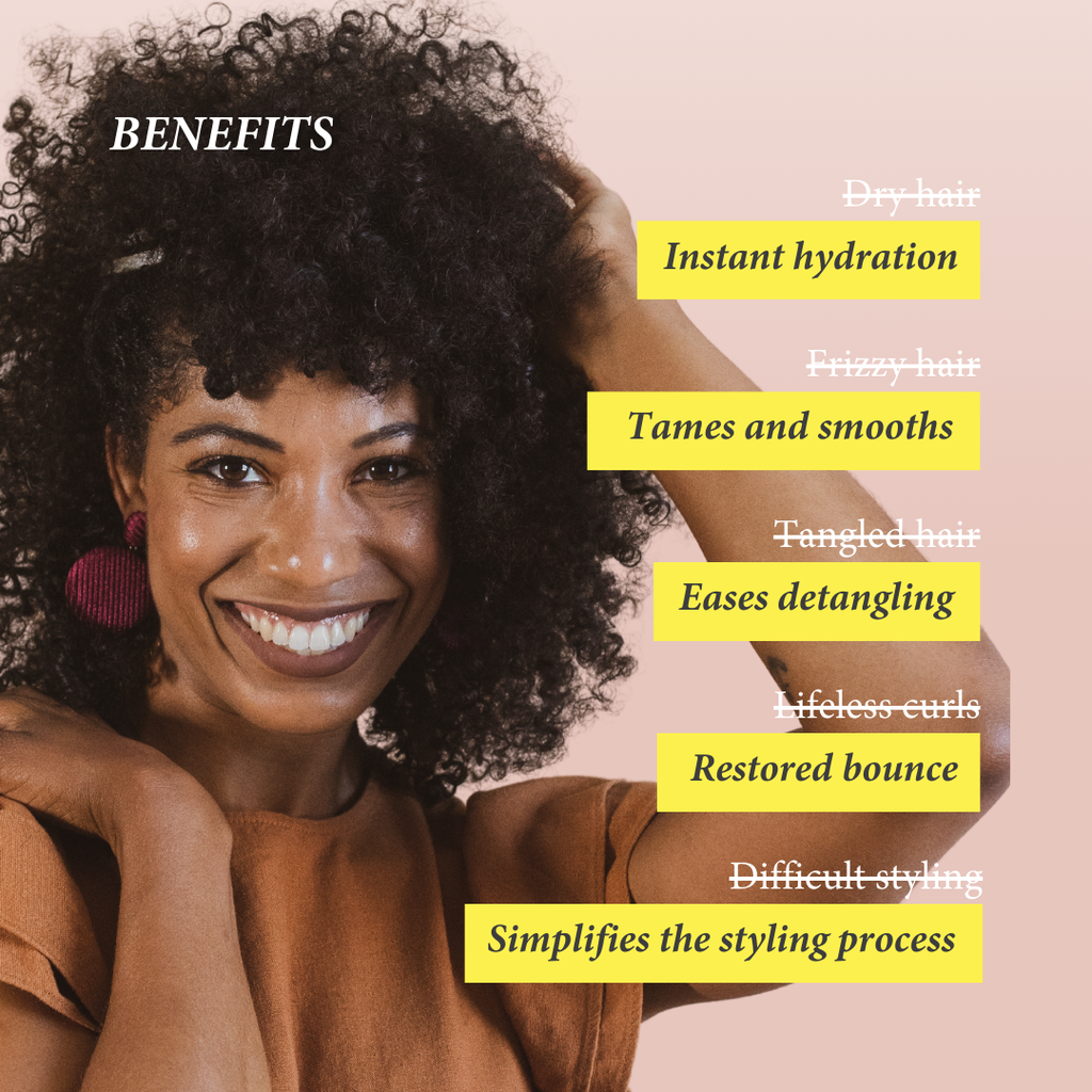 Shea Radiance Hydrating Hair Milk Spritz benefits for natural, curly and coily hair: instant hydration, frizz control, easy detangling, restored curl bounce and simplified styling.