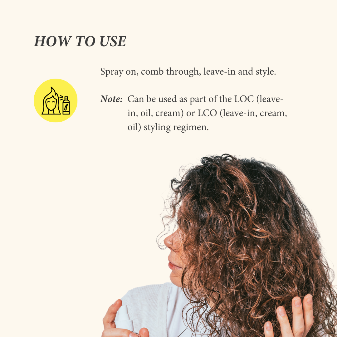 How to use Shea Radiance Hydrating Hair Milk Spritz leave-in conditioner: spray onto natural, curly or coily hair, comb through, leave in and style for soft, moisturized curls.