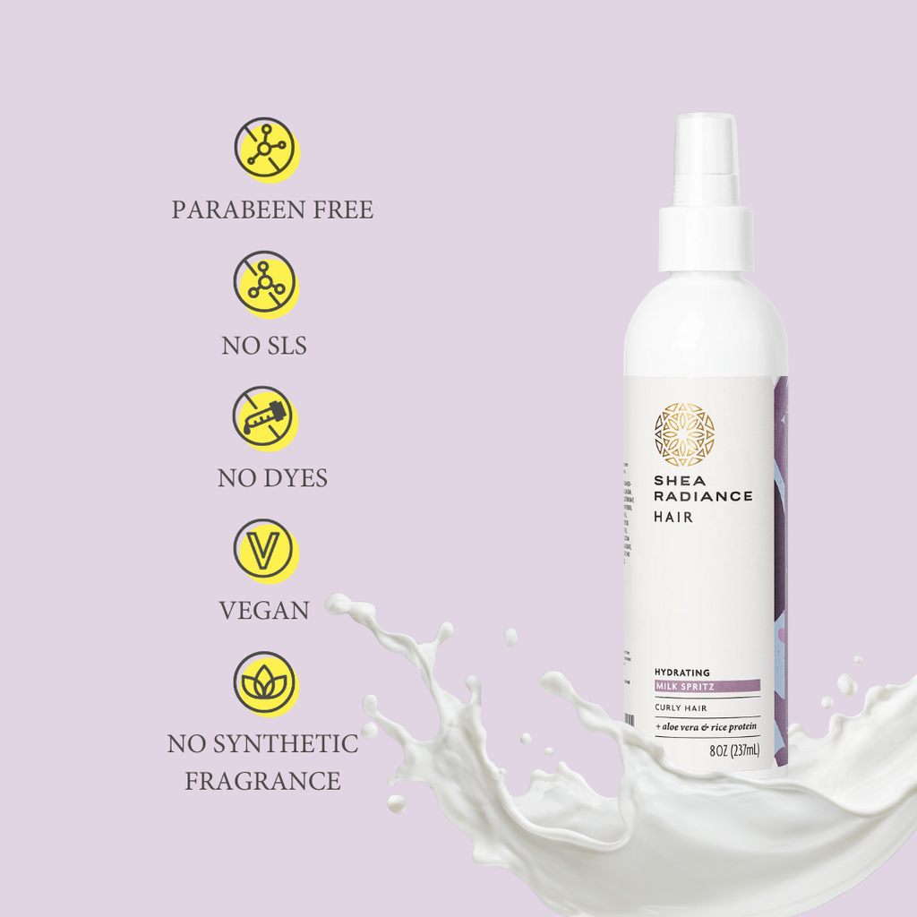 Shea Radiance Hydrating Hair Milk Spritz leave-in conditioner for natural, curly and coily hair; paraben-free, SLS-free, dye-free, vegan and no synthetic fragrance.