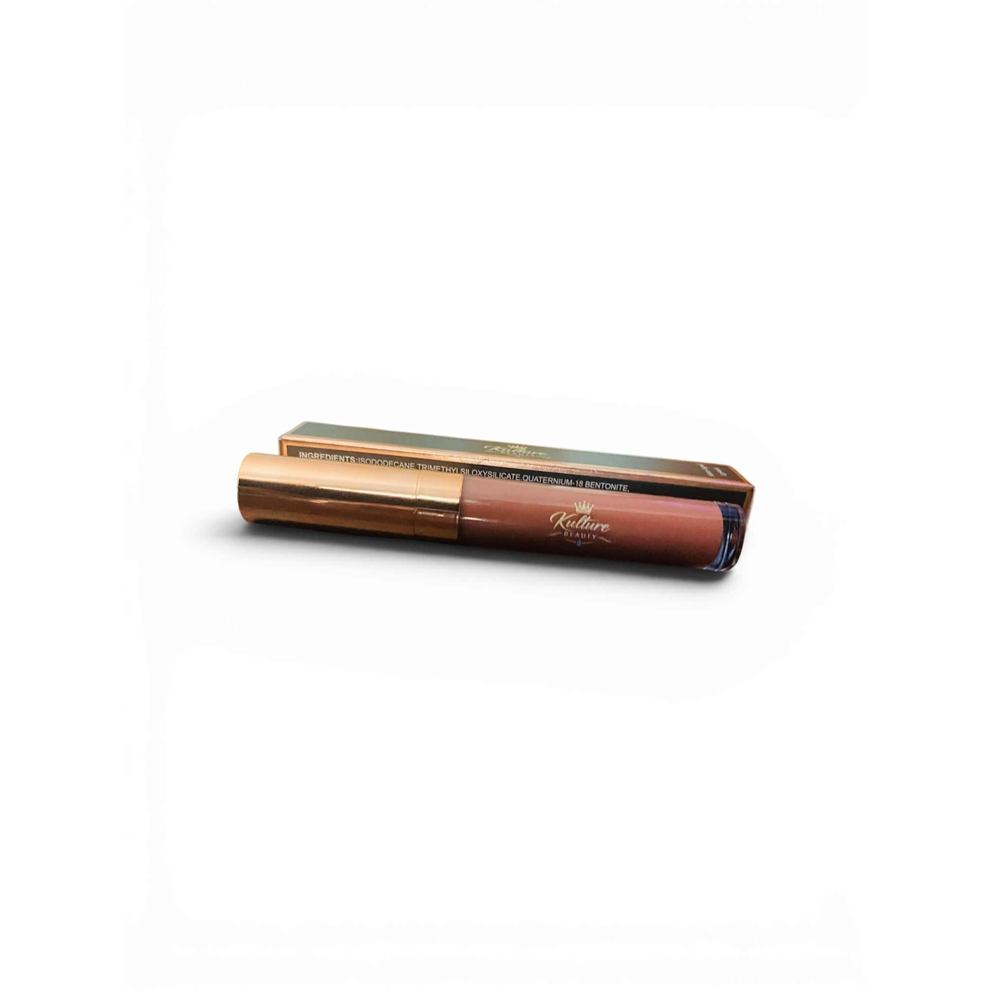 Kulture Beauty Matte Liquid Lipstick in nude brown shade with gold cap and matching box, long-lasting smooth matte lip color and beauty makeup cosmetic product on white background