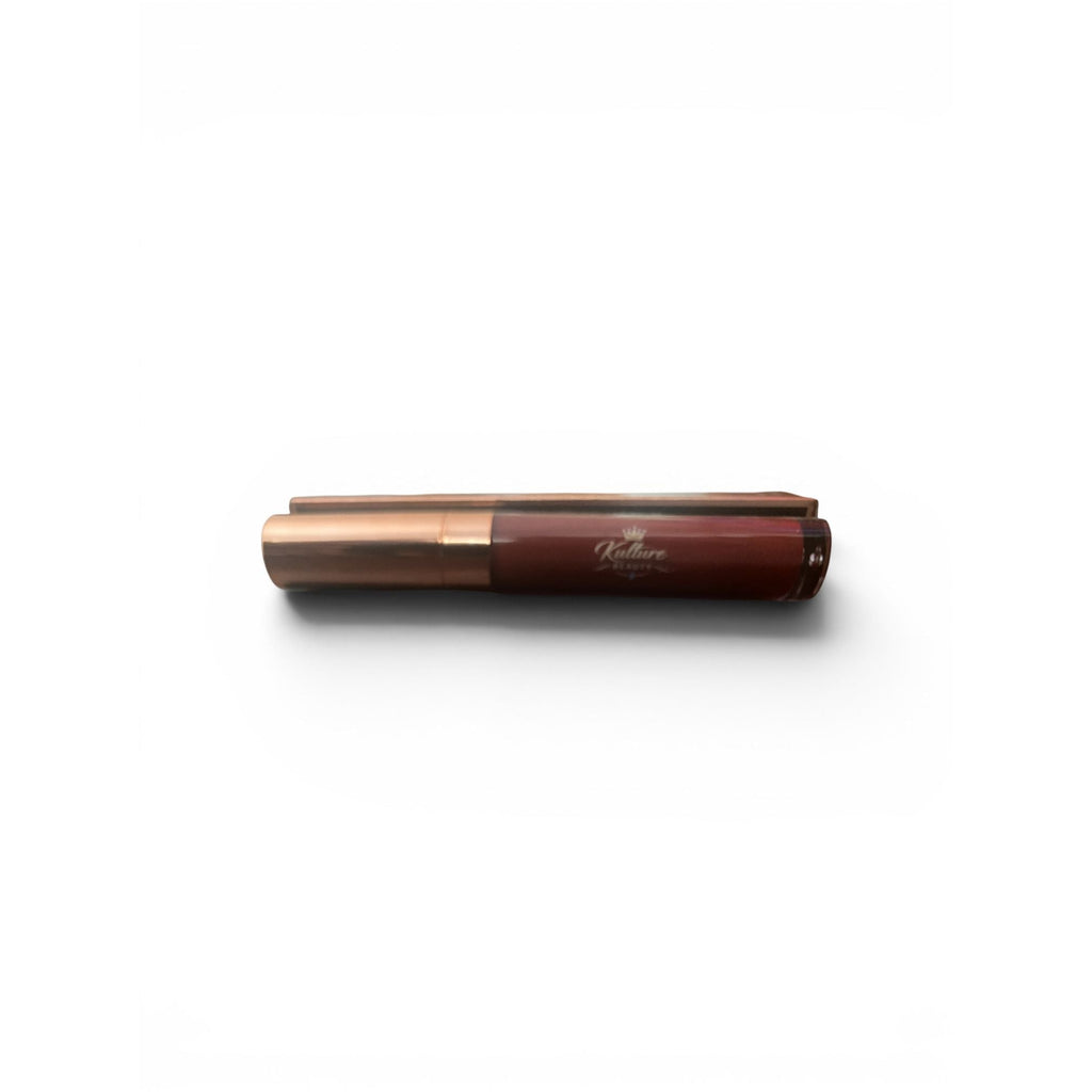 Kulture Beauty Matte Liquid Lipstick in deep nude brown shade with metallic gold cap, long-lasting highly pigmented smooth matte lip color makeup cosmetic on white background