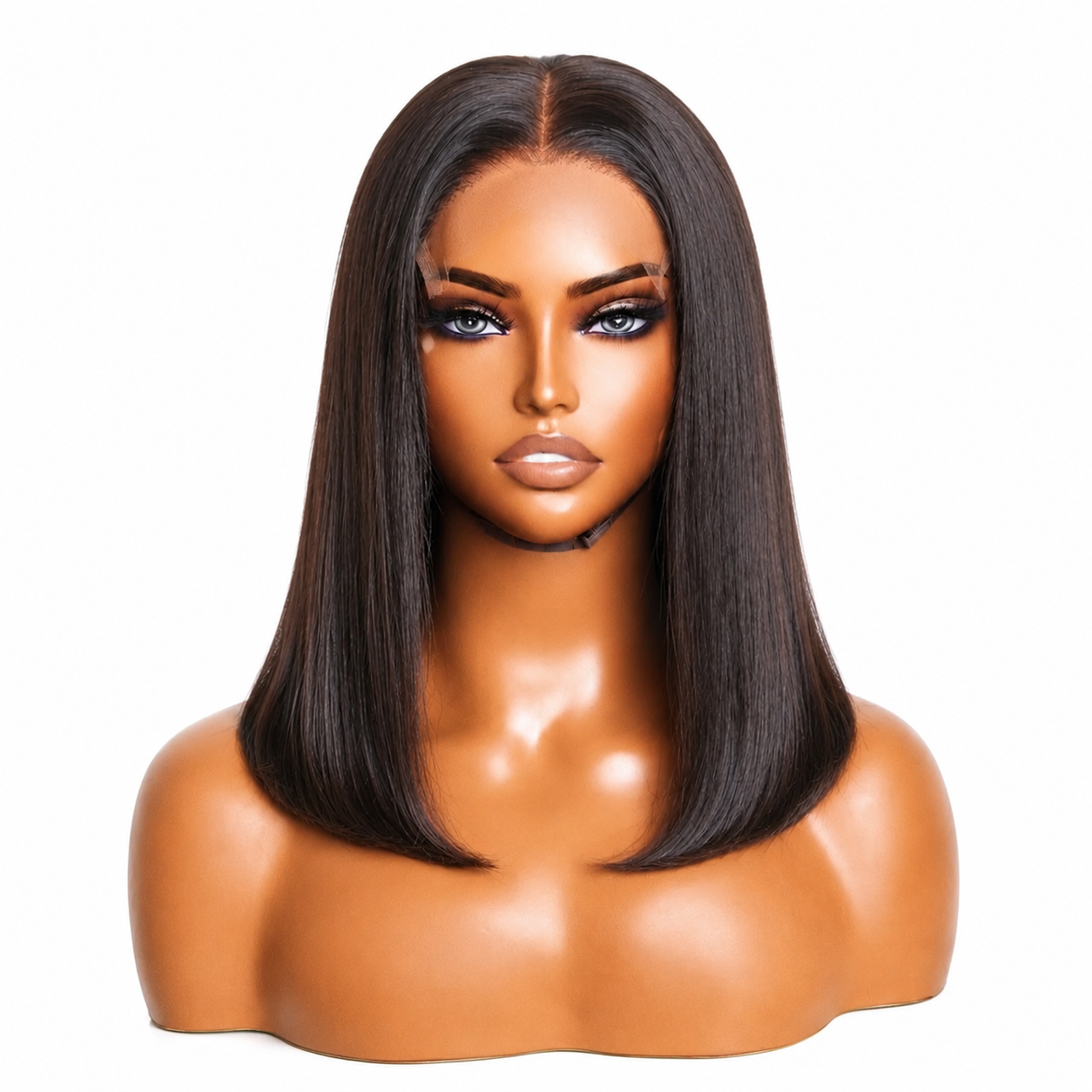 KB 150% density 5x5 glueless lace closure bob wig with sleek straight black human hair, natural middle part, pre-plucked hairline and beginner-friendly lace for a flawless natural look.