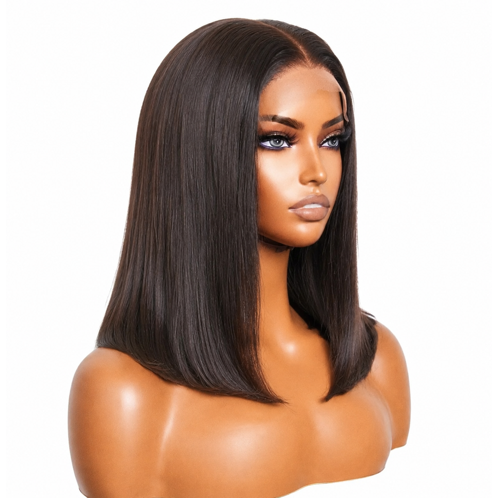 KB 150% density 5x5 glueless lace closure bob wig with sleek straight black human hair, natural middle part, pre-plucked hairline, realistic scalp and beginner-friendly wear-and-go lace for a flawless natural look.