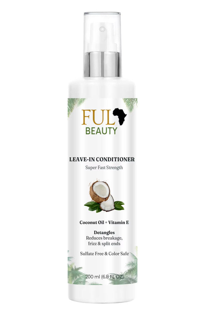 Ful Beauty leave-in conditioner bottle with coconut oil and vitamin E on a white background