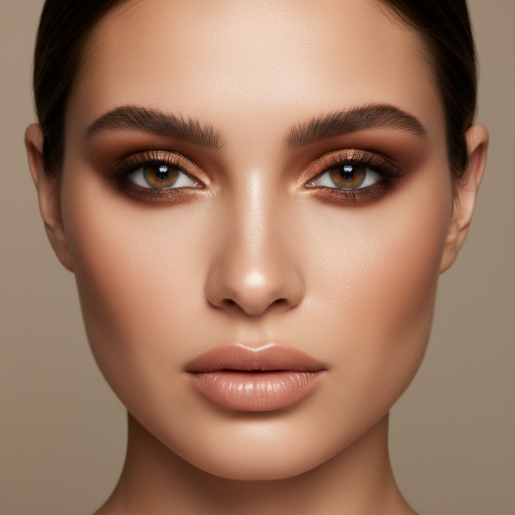 Close-up of a woman's face with neutral makeup on a beige background