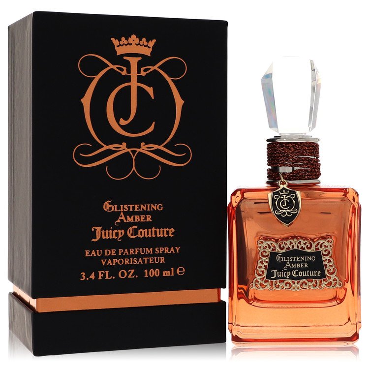 Juicy Couture Glistening Amber perfume bottle and packaging on a white background