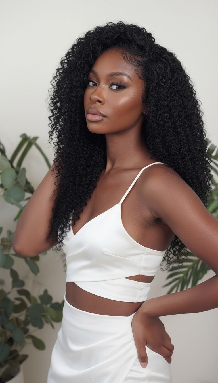 Woman with long, curly hair wearing a white top and skirt against a neutral background
