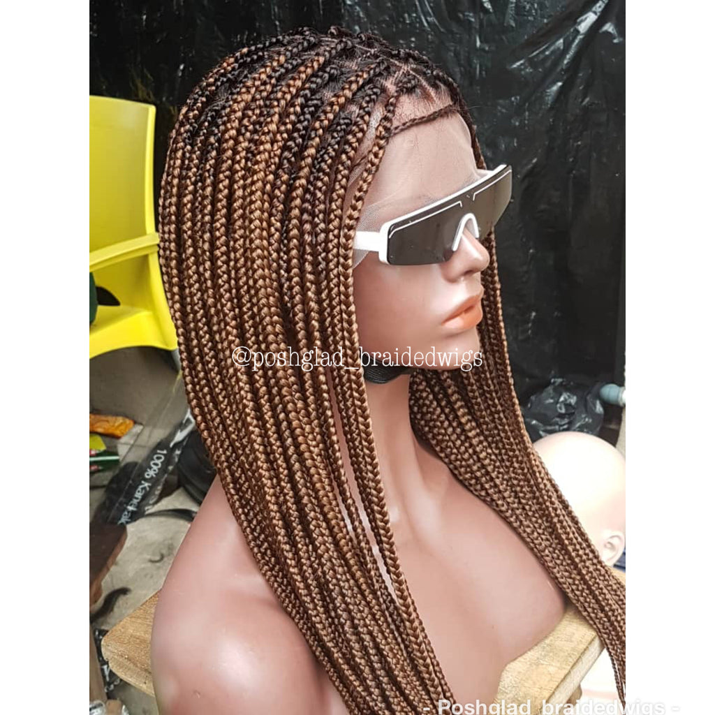 Mannequin head with braided wig and sunglasses on a blurred background. Knotless Braid Wig,  100% Human Hair Dark Honey Blond, Swiss Full Lace, Glueless - Helen