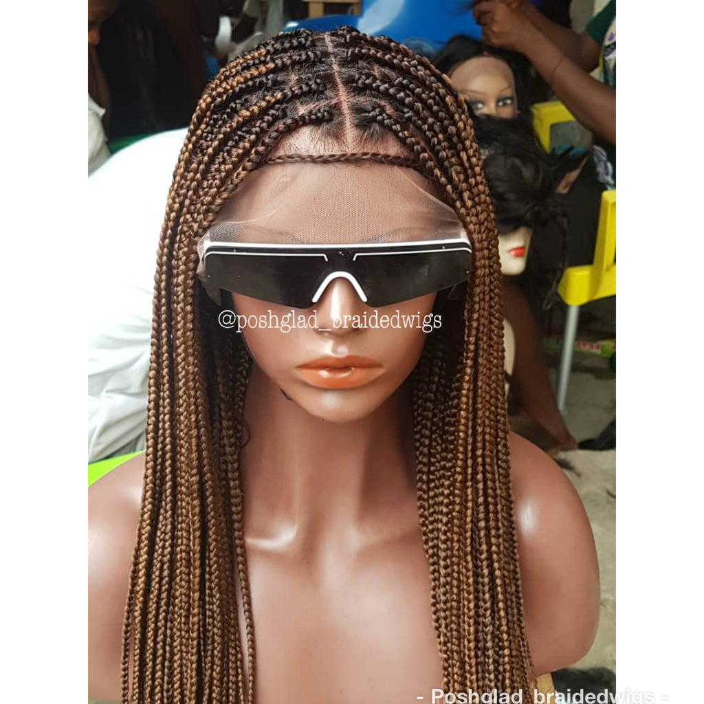 Mannequin head with braided wig and sunglasses on a blurred background. Knotless Braid Wig,  100% Human Hair Dark Honey Blond, Swiss Full Lace, Glueless - Helen