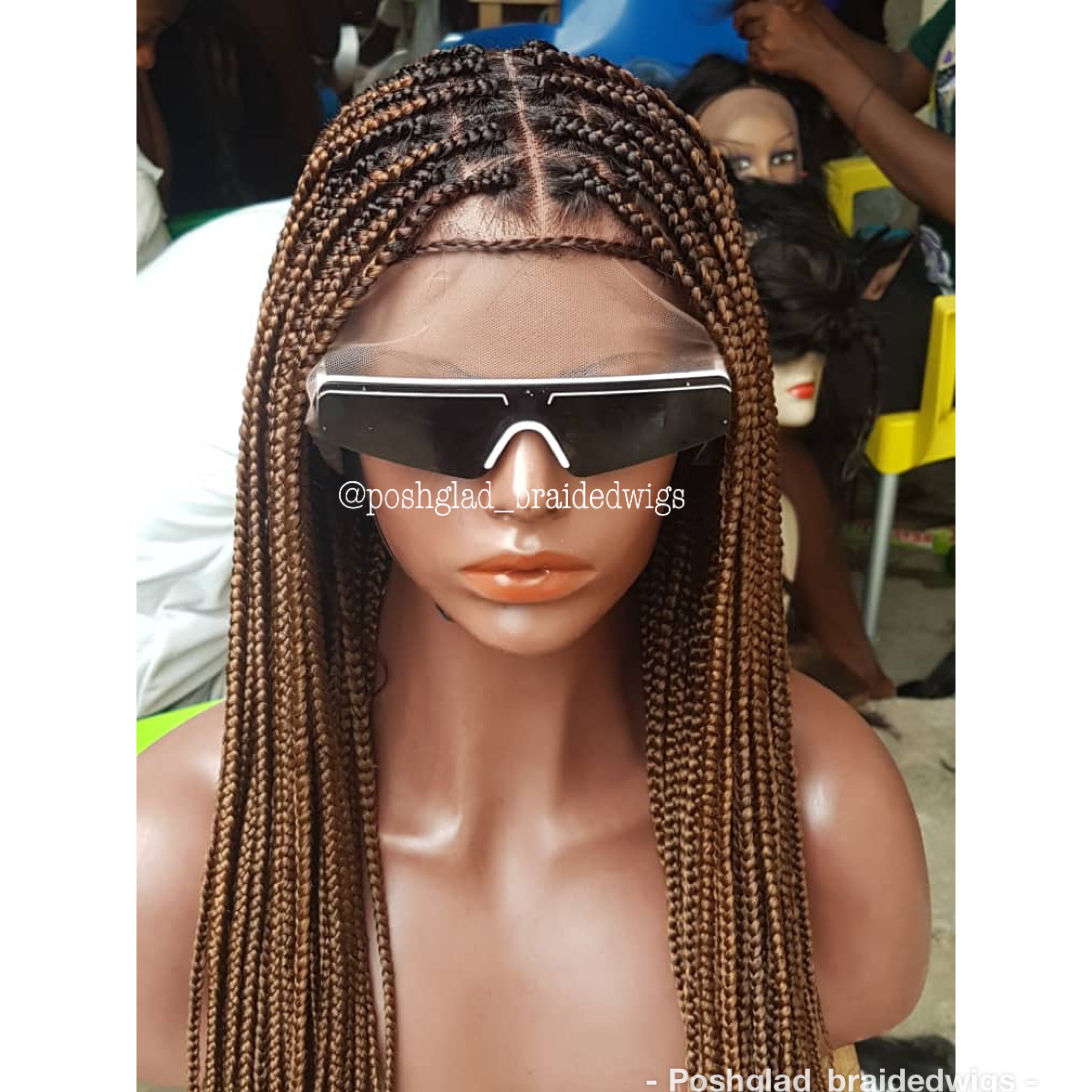 Mannequin head with braided wig and sunglasses on a blurred background. Knotless Braid Wig,  100% Human Hair Dark Honey Blond, Swiss Full Lace, Glueless - Helen