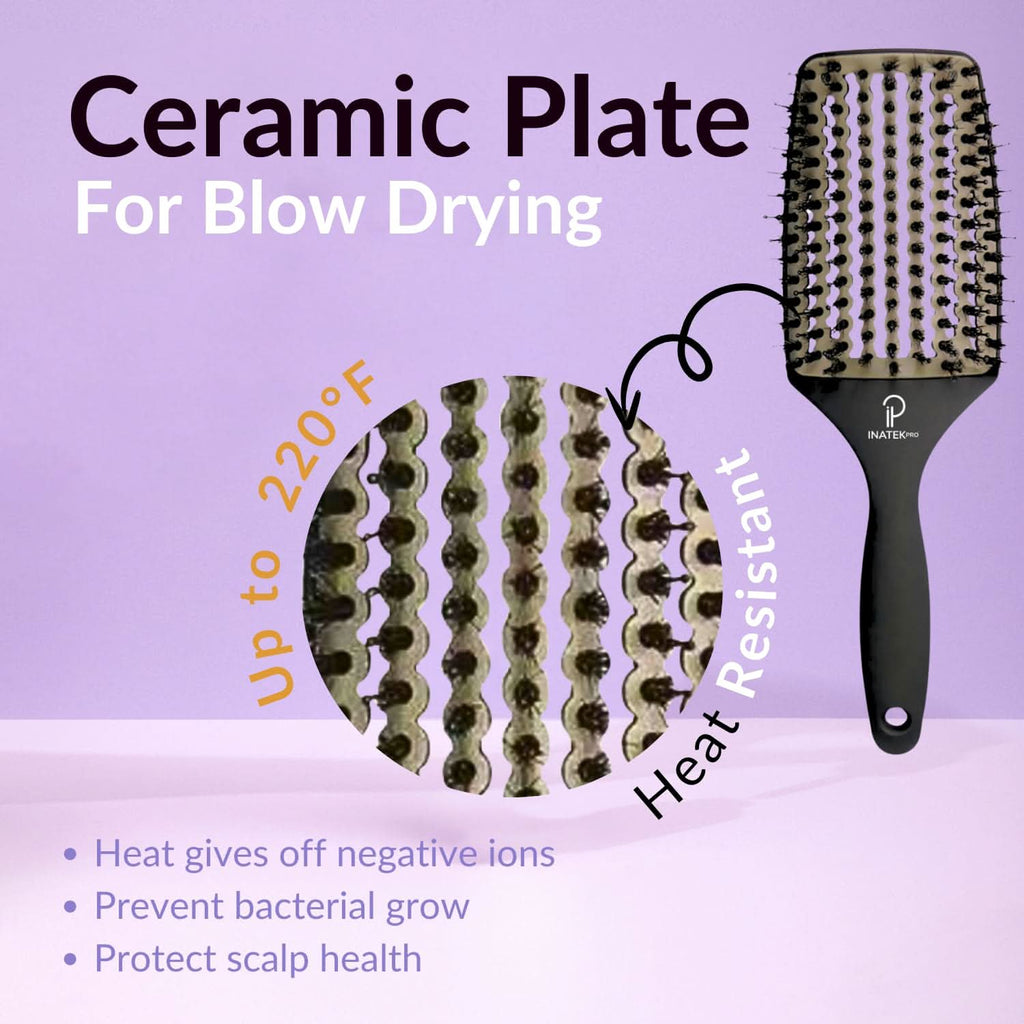 INATEKPRO Curved Vented Boar Bristle Detangler Brush - GREY | LARGE