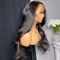 Long dark brown lace front wig with voluminous body wave curls on mannequin, natural-looking hairline, luxury women’s wig for everyday wear