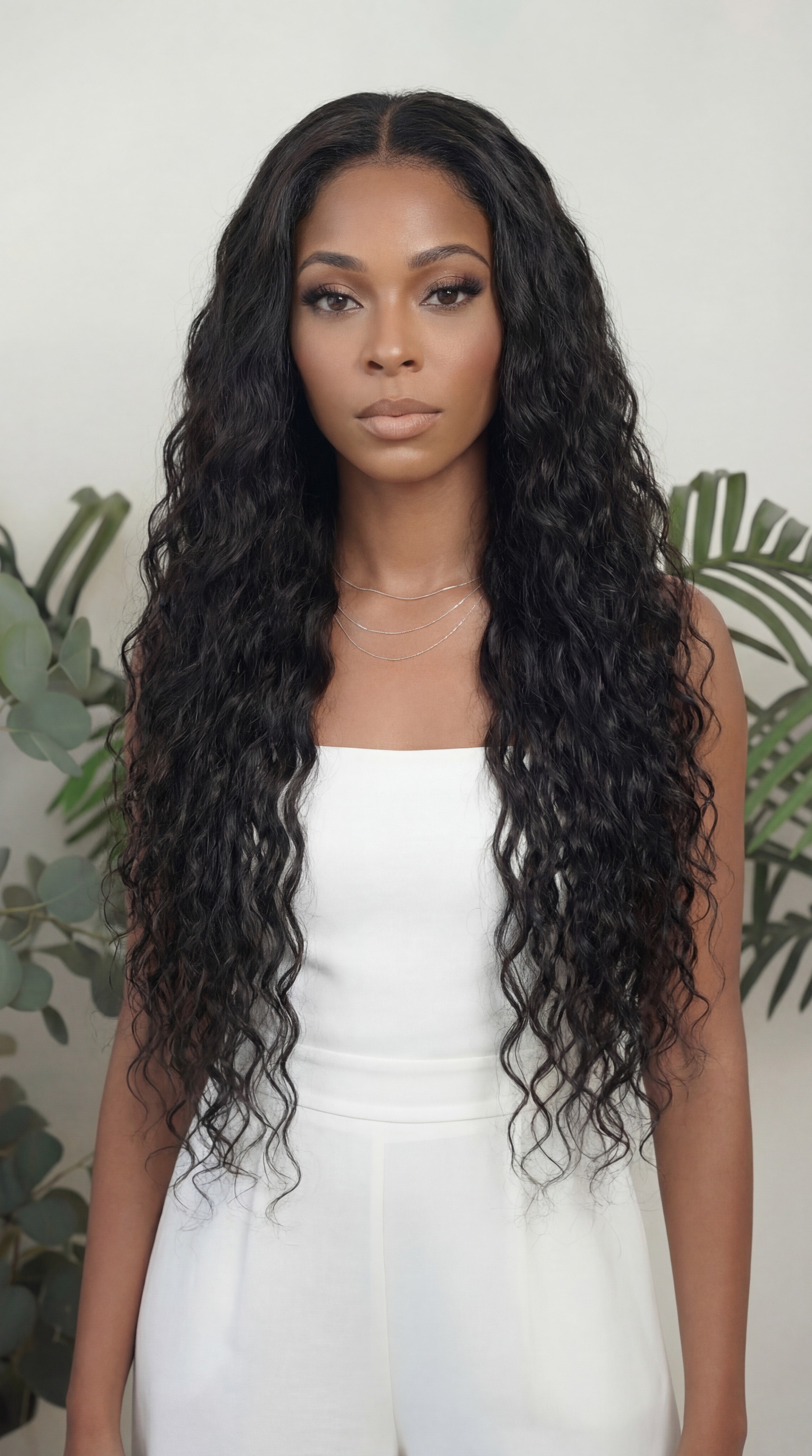 Woman with long, wavy black hair wearing a white top against a neutral background Natural Wave Wefted 1B Natural Black Hair Bundle 100% Human Hair Bundles - 18” to 26”