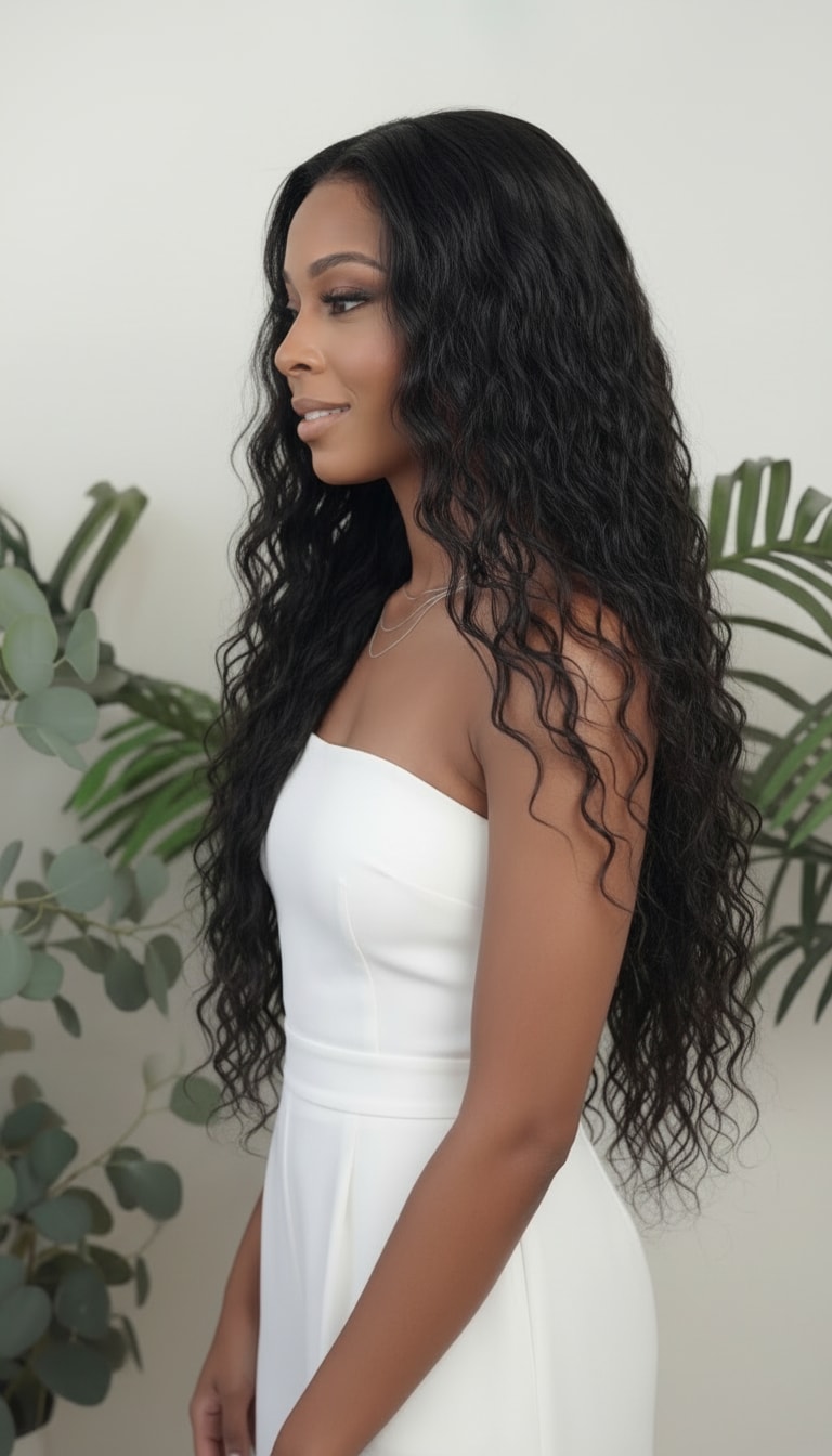 Woman with long, wavy black hair wearing a white strapless dress against a green plant background Natural Wave Wefted 1B Natural Black Hair Bundle 100% Human Hair Bundles - 18” to 26”