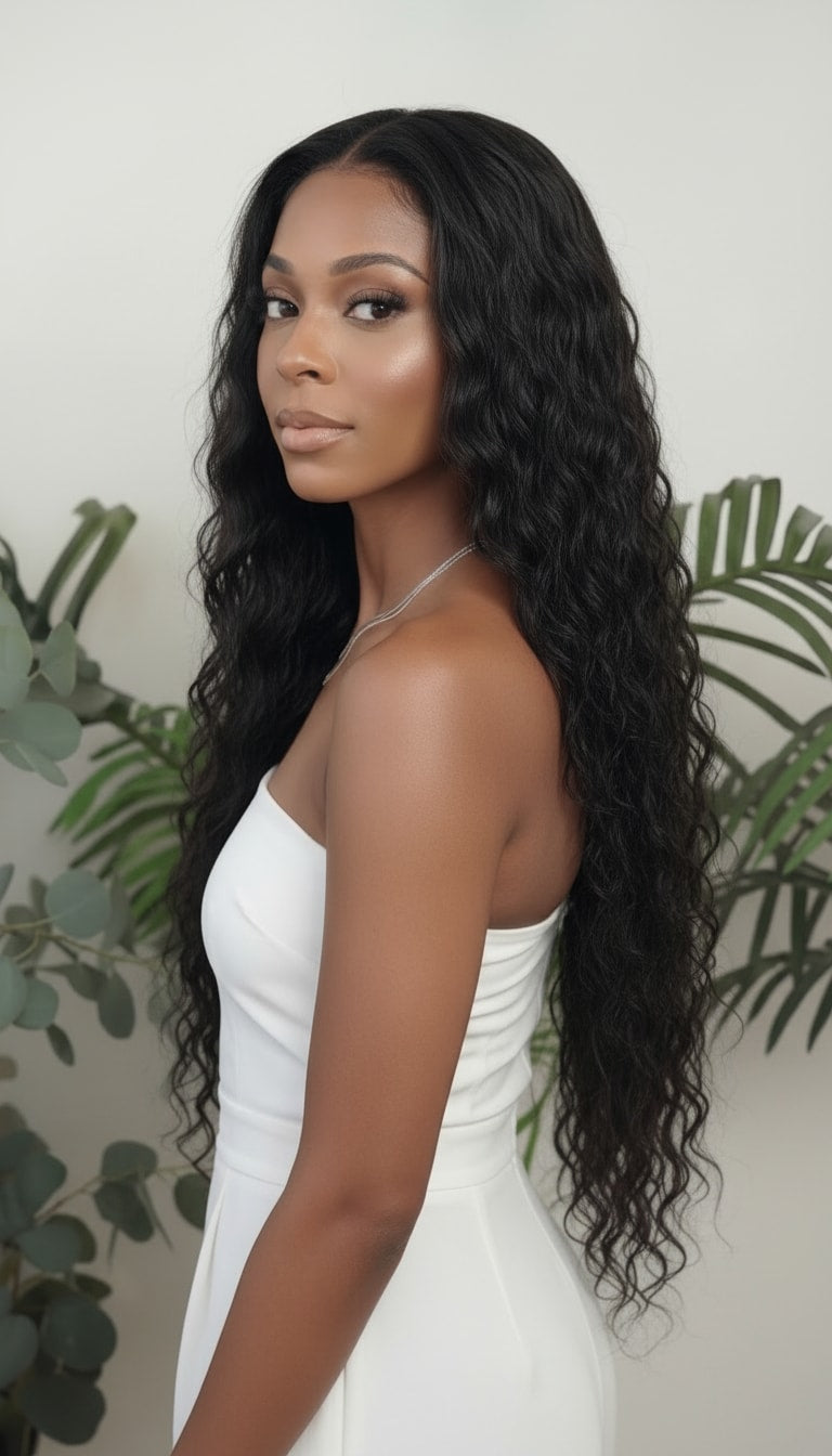 Woman with long, wavy black hair wearing a white dress against a neutral background Natural Wave Wefted 1B Natural Black Hair Bundle 100% Human Hair Bundles - 18” to 26”