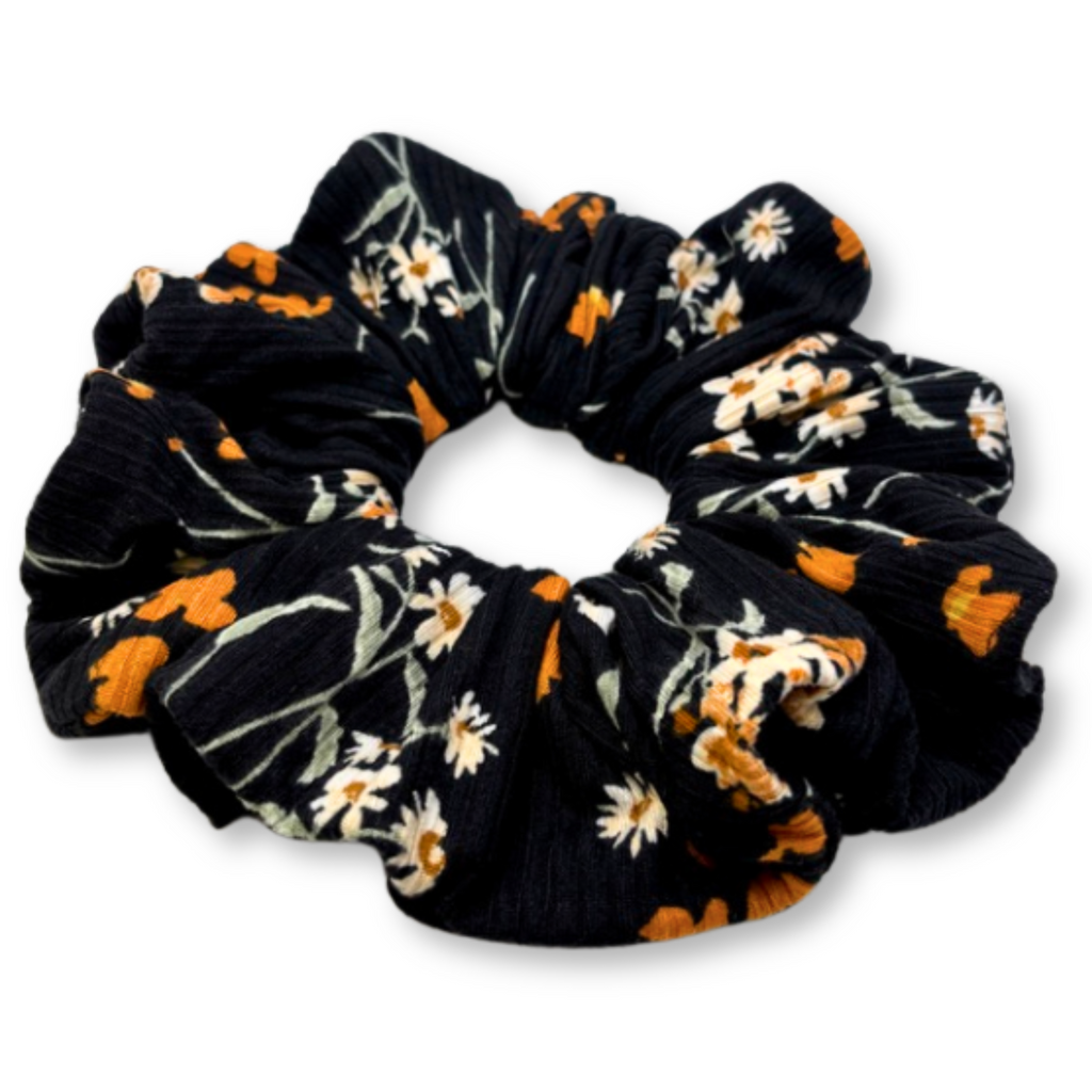 Black Floral Summer Ribbed Scrunchie