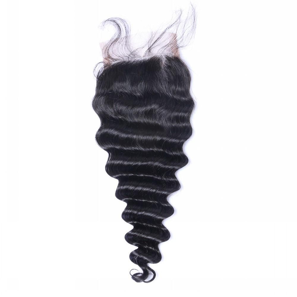 Black hair closure with loose wave texture on a white background. Deep Wave – 5x5 HD Lace Closure