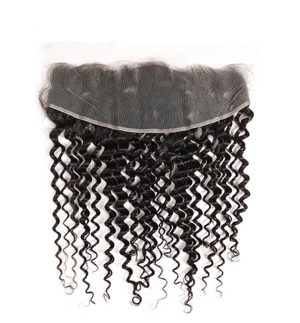 Black wavy Italian Curl hair extensions with a lace front closure on a white background