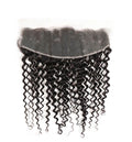 Black wavy Italian Curl hair extensions with a lace front closure on a white background