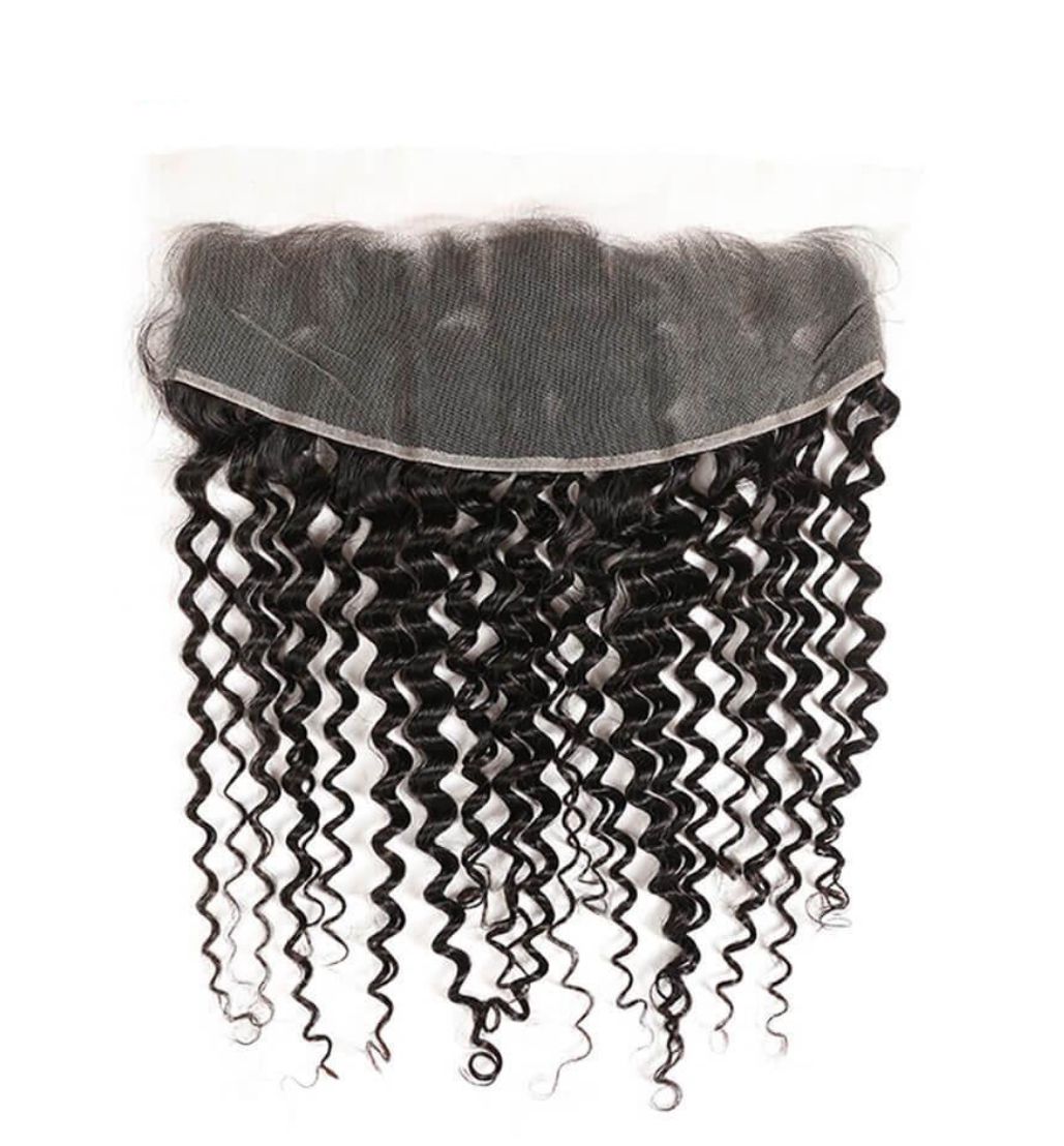 Black wavy Italian Curl hair extensions with a lace front closure on a white background
