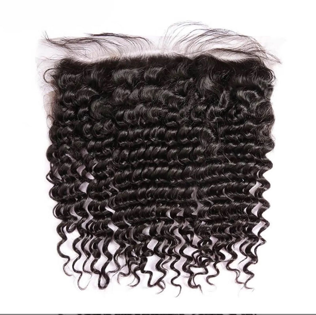 Deep wave Italian Curl hair bundle with a lace closure on a white background