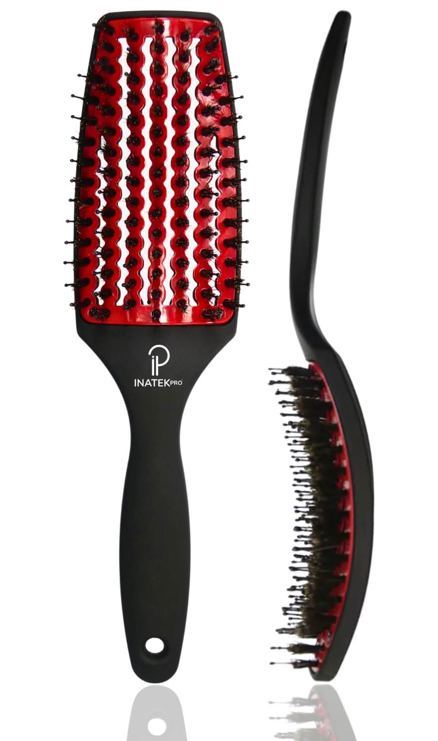 INATEKPRO Curved Vented Boar Bristle Detangler Brush - RED | MEDIUM