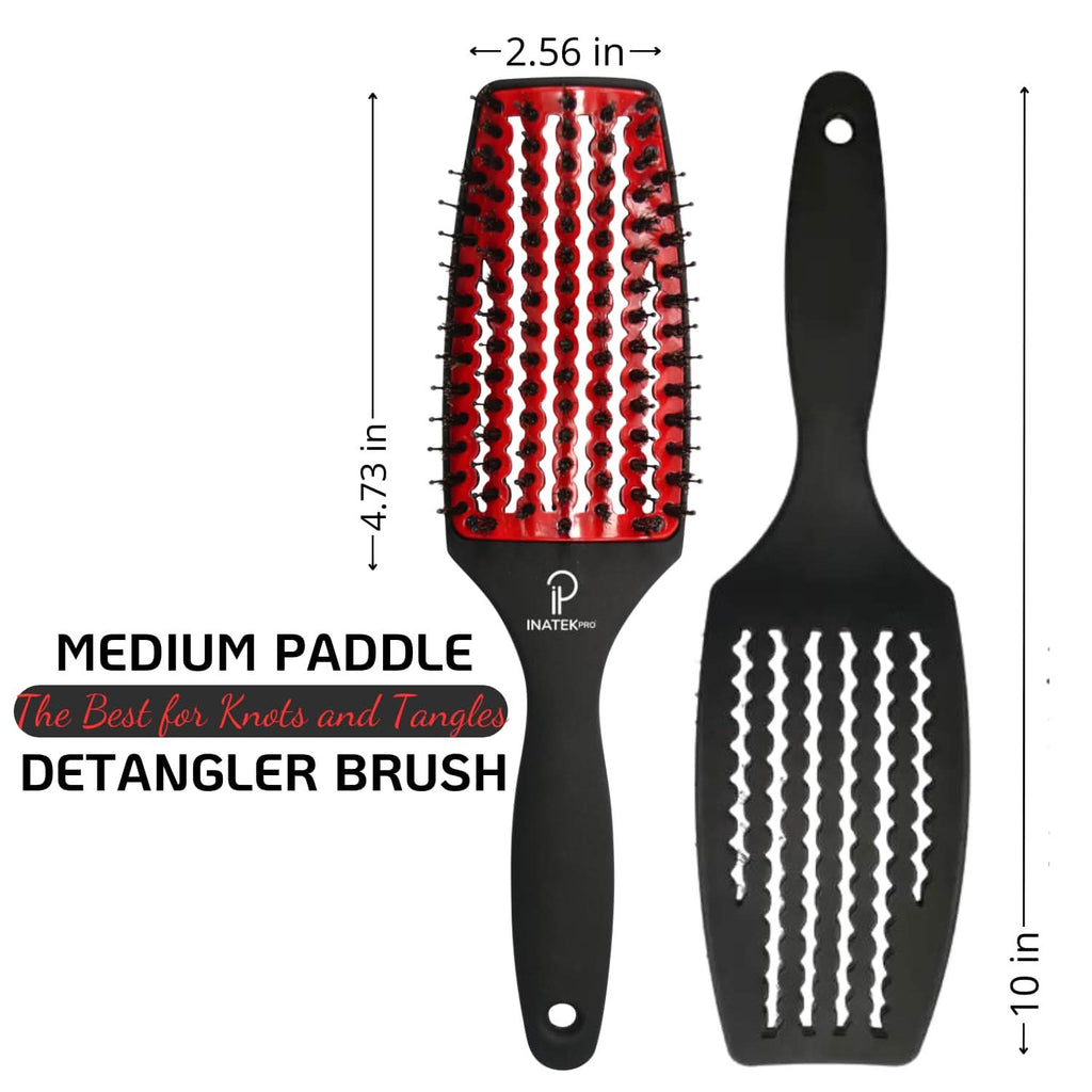 INATEKPRO Curved Vented Boar Bristle Detangler Brush - RED | MEDIUM