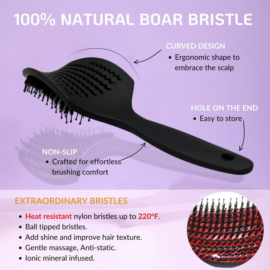 INATEKPRO Curved Vented Boar Bristle Detangler Brush - RED | LARGE