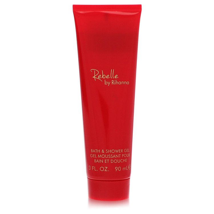 Red tube of Rebelle by Rihanna bath and shower gel on a white background